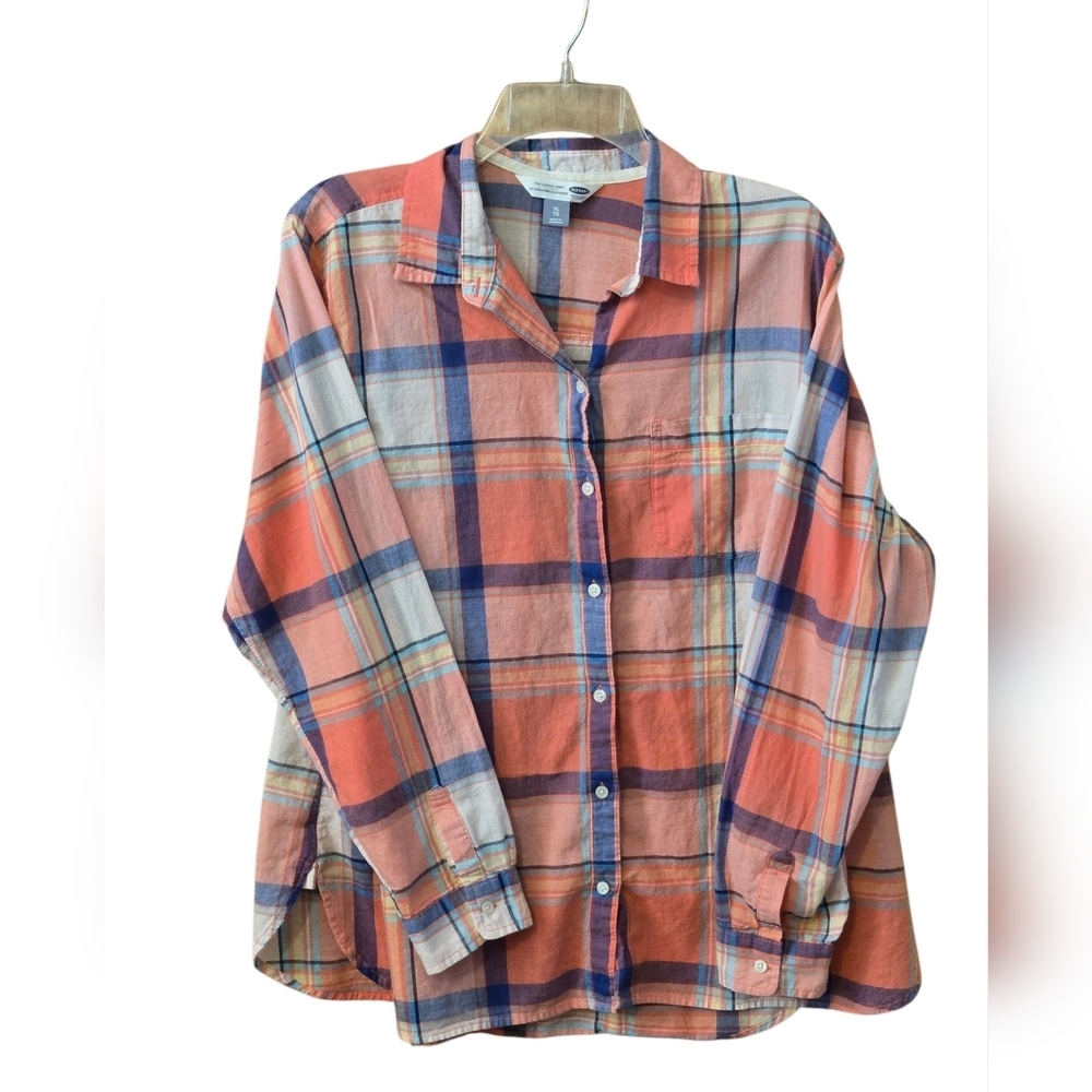 Old Navy Boyfriend Womens XL Orange Blue Plaid Button-Up Shirt 100% Cotton Hi-Lo